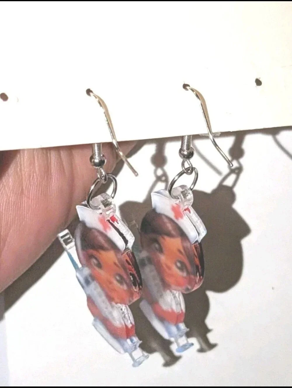Hand Crafted Cute Nurse Acrylic Dangle Earrings - Brown Skin, White & Red